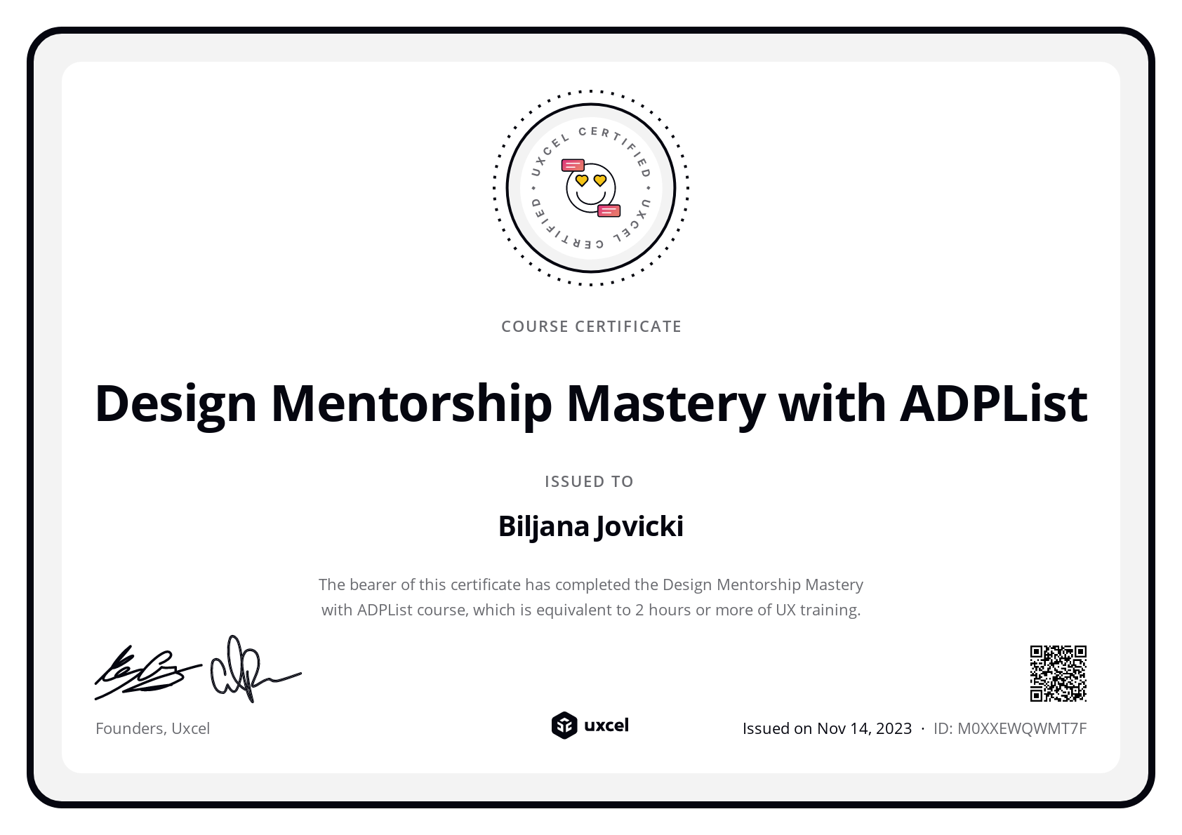 Biljana Jovicki's certificate